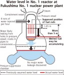 Yoniuri Online diagram showing reduced water levels in Reactor 1 at Fukushima Daiichi plant.